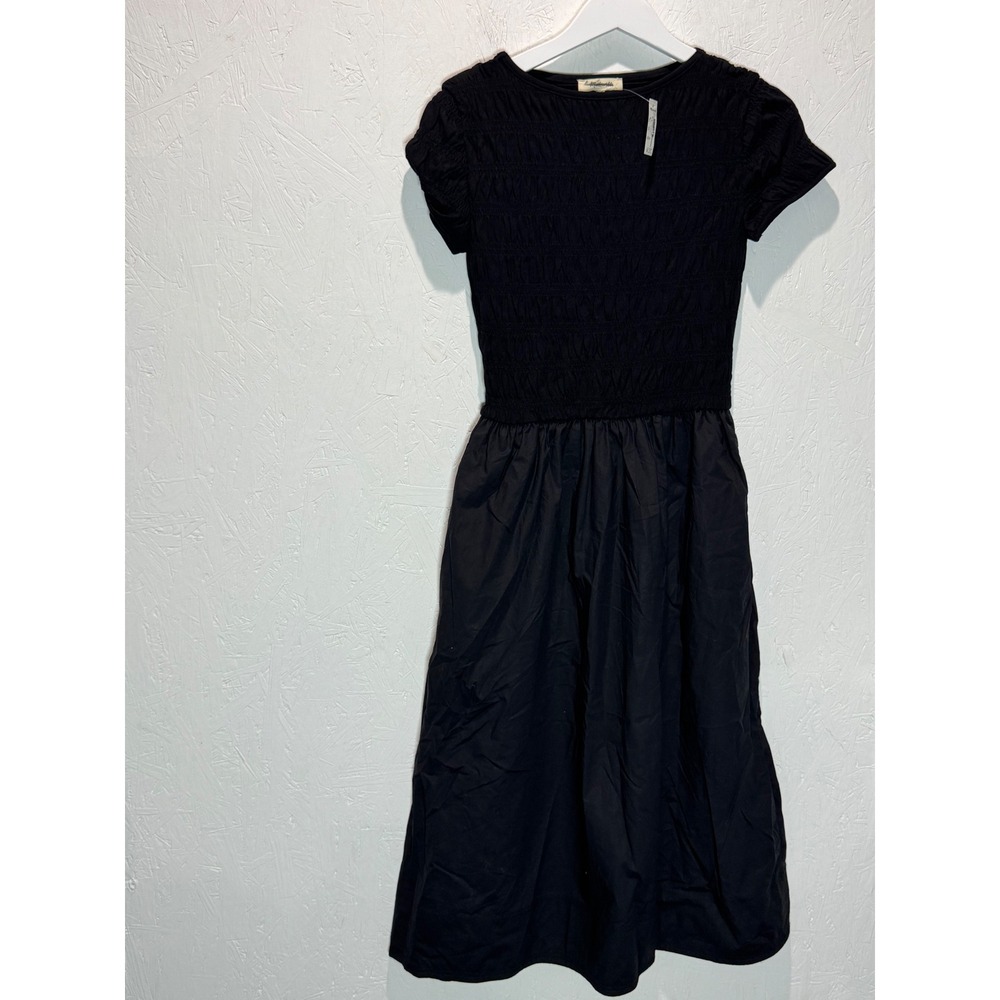 Madewell Smocked Boatneck Midi Dress Jet Black Short Sleeve XS NZ309